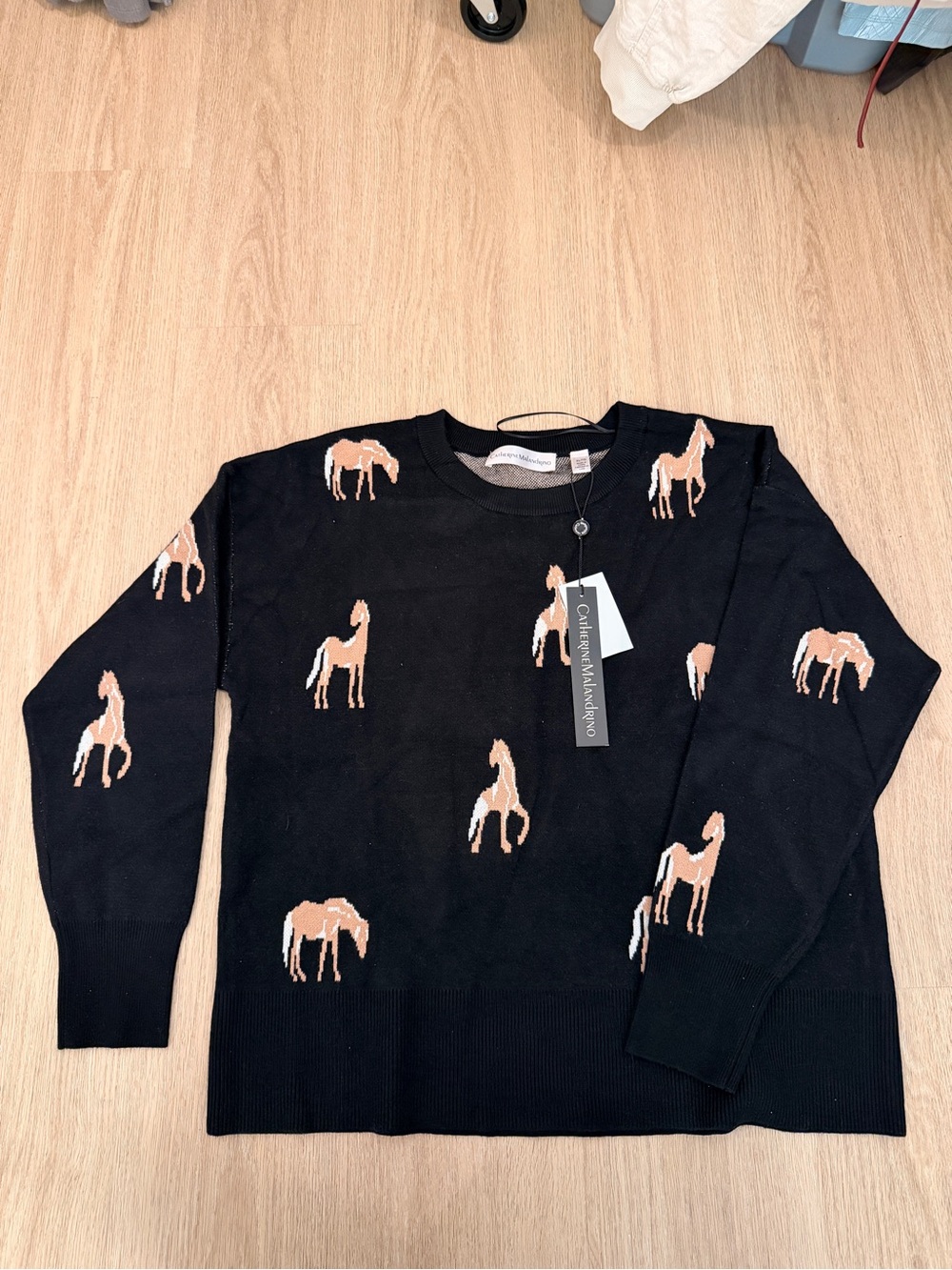 Catherine Malandrino Black Crewneck Sweater with Tan Horse Motif